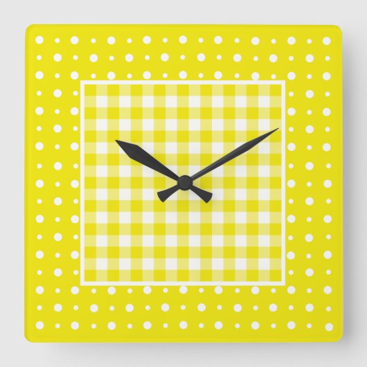 Wall Clock, Gelber Karo Gingham und Polka Dots Quadratische Wanduhr (Vorderseite)