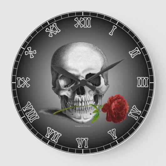 Wall Clock Gothic Skull Rose Skeleton Numerals Große Wanduhr (Vorderseite)