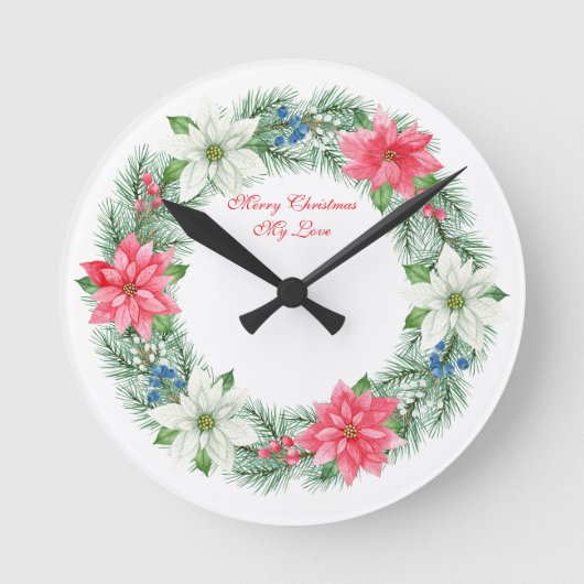 Wall Clock-Merry Xmas My Love Wreath Wall Clock Runde Wanduhr (Vorderseite)