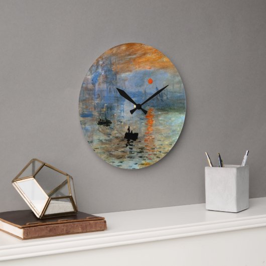 Wall Clock mit Claude Monets Eindruck, Sonnenaufga Große Wanduhr (Büro)