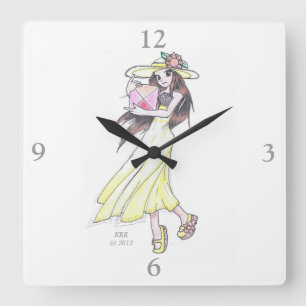 Wall Clock mit Mädchen in gelbem Kleid und Hut Quadratische Wanduhr