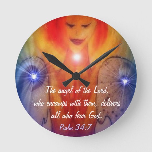 Wall Clock Psalm 34:7 Engel des Lord Gemäldes Runde Wanduhr (Vorderseite)