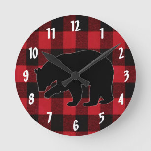 Wall Clock Red Buffalo Plaid Bear Black Runde Wanduhr
