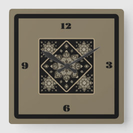 Wall Clock Sepia Medallien auf schwarz Quadratische Wanduhr