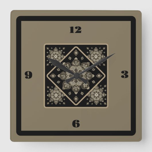 Wall Clock Sepia Medallien auf schwarz Quadratische Wanduhr (Vorderseite)