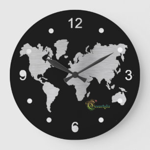 Wall Clock silver world map Große Wanduhr