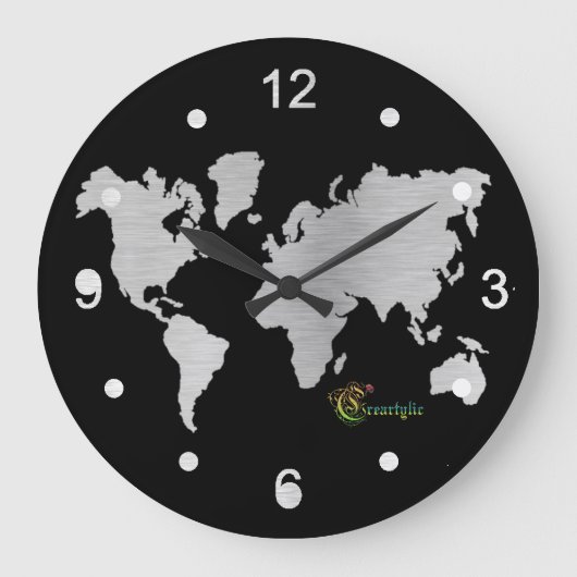 Wall Clock silver world map Große Wanduhr (Vorderseite)