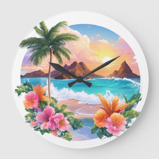 Wall Clock: Tropische Ruhe Majestic Palm Tree Große Wanduhr (Vorderseite)