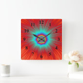Wall Clock Turquoise Explosion on Red Quadratische Wanduhr (Zuhause)