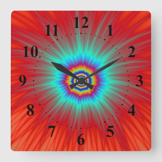Wall Clock Turquoise Explosion on Red Quadratische Wanduhr (Vorderseite)