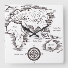 Wall Clock - Weltkarte Afrika Europa AU NZ Asien Quadratische Wanduhr