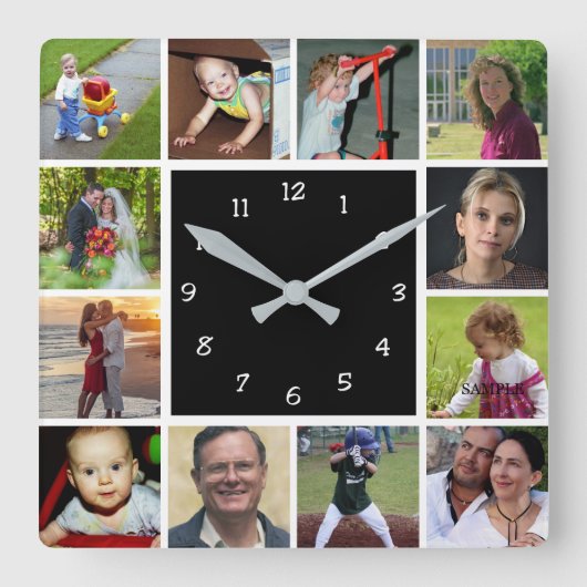 Wall Clock with 12 personal photos Quadratische Wanduhr (Vorderseite)