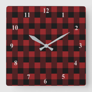 Wall Clock with Black Red Checked Quadratische Wanduhr