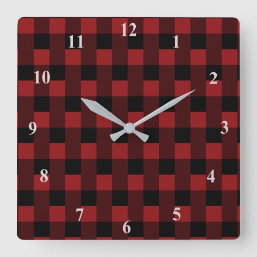 Wall Clock with Black Red Checked Quadratische Wanduhr (Vorderseite)
