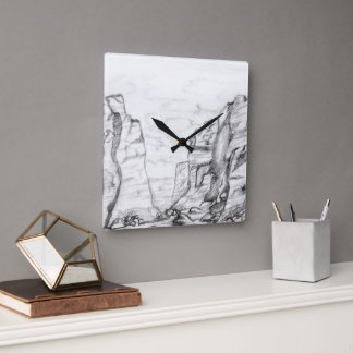 Wall Clock with canyon sketched in black and white Quadratische Wanduhr