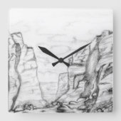Wall Clock with canyon sketched in black and white Quadratische Wanduhr (Vorderseite)
