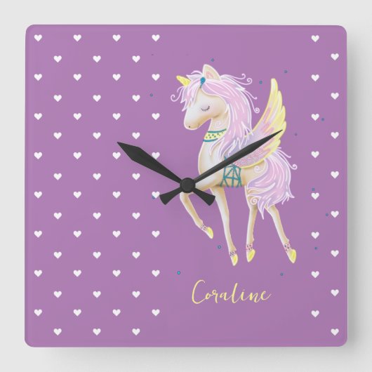 Wall Uhr mit einem niedlichen Bild eines Einhorns. (Vorderseite)