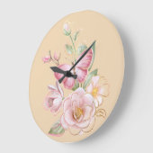 Wall-Uhr mit Schmetterling und rosa Blume Große Wanduhr (Winkel)