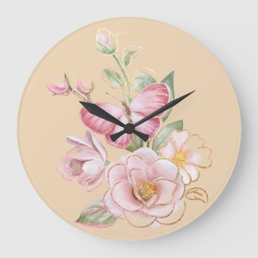 Wall-Uhr mit Schmetterling und rosa Blume Große Wanduhr (Vorderseite)