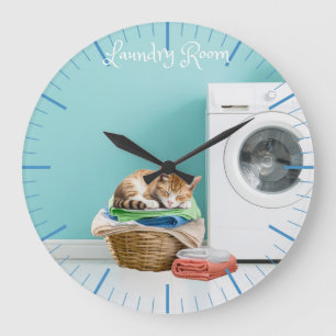 Wall-Uhr, Wäscheservice mit Katze Große Wanduhr