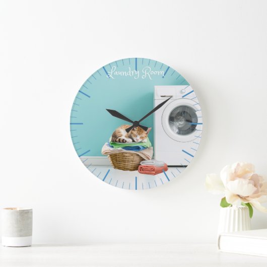 Wall-Uhr, Wäscheservice mit Katze Große Wanduhr (Zuhause)