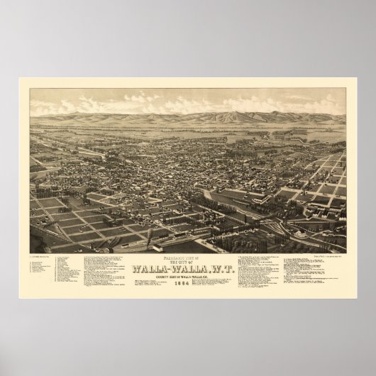 Walla Walla, WA Panorama Karte - 1884 Poster (Vorne)