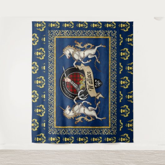 Wallace Clan Abzeichen & Tartan w/Unicorns Wandteppich (Vorderseite)