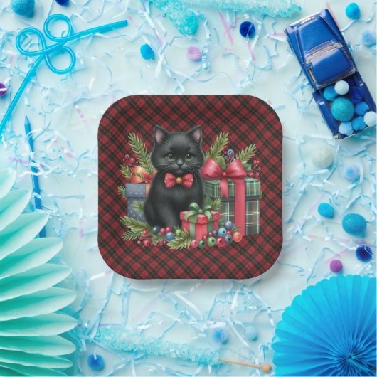 Wallace Red Scottish Tartan Christmas Black Cat Pappteller (Party)