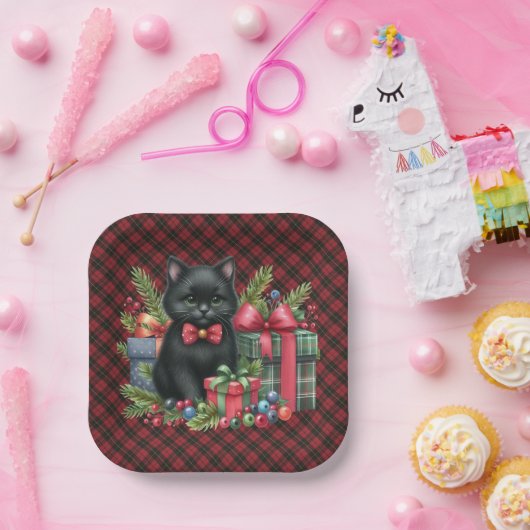 Wallace Red Scottish Tartan Christmas Black Cat Pappteller (Party)
