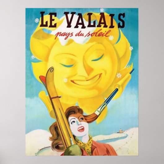 Wallis, Frau mit Ski unter sanfter Sonne Poster (Vorne)