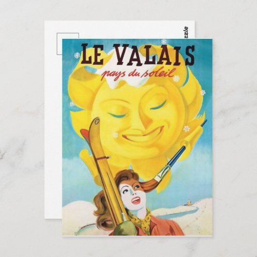 Wallis, Frau mit Ski unter sanfter Sonne Postkarte (Vorne/Hinten)