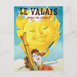 Wallis, Frau mit Ski unter sanfter Sonne Postkarte