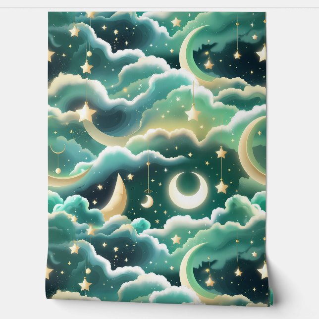 Wallpaper - Mint Green Celestial Moon Design Tapete (Abrollen)