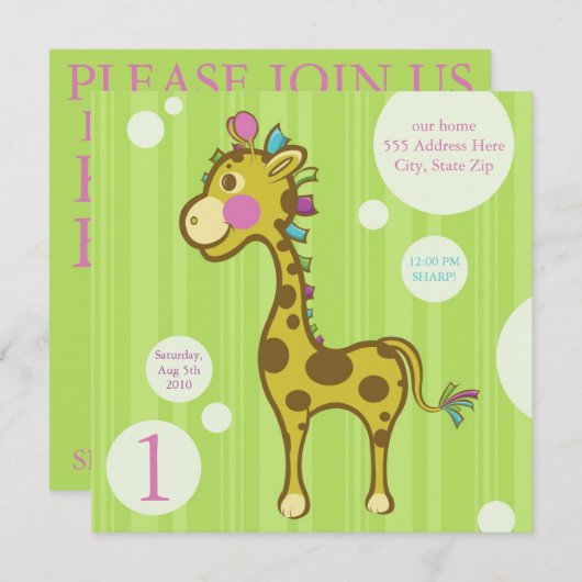 Wally the Giraffe Kindergeburtstag Party Einladung (Vorne/Hinten)