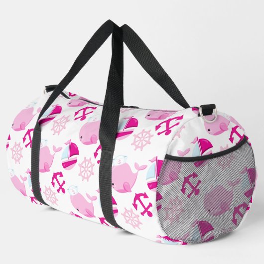 Walmuster, Niedliche Wale, rosa Wale Duffle Bag (Rechte Ecke)