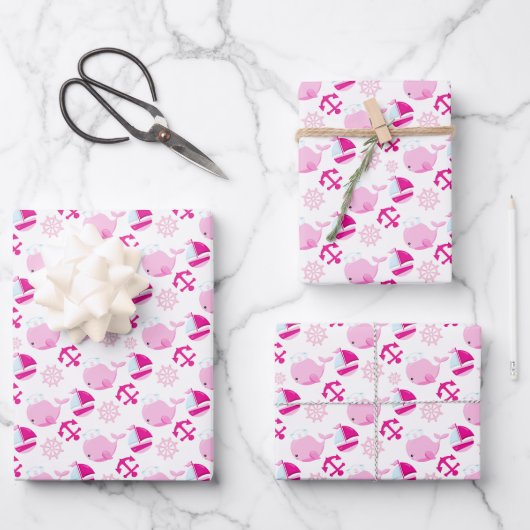 Walmuster, Niedliche Wale, rosa Wale Geschenkpapier Set (Vorderseite)
