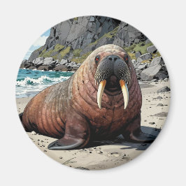 Walross auf einem Sandstrand | Süße Tiere Magnet