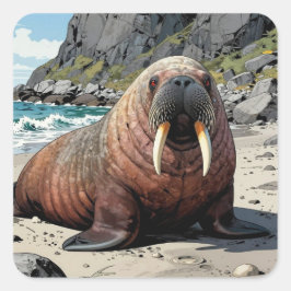 Walross auf einem Sandstrand | Süße Tiere Quadratischer Aufkleber