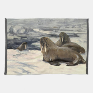 Walrosse im arktischen Schnee, Vintage Meereslebew Geschirrtuch