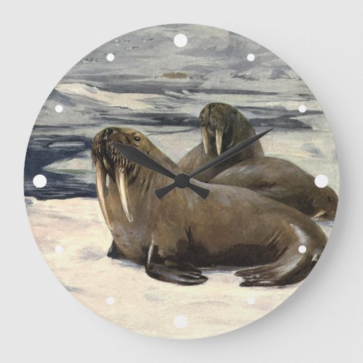 Walrosse im arktischen Schnee, Vintage Meereslebew Große Wanduhr (Vorderseite)