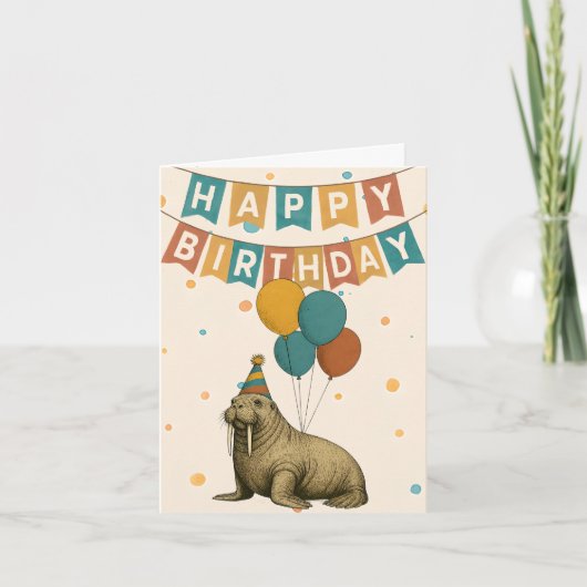 Walrus Birthday Card - Funny Party Animal Karte (Vorderseite)