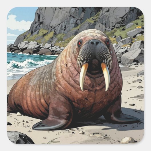 Walrus on a Sandy Beach  | Cute Animals Quadratischer Aufkleber (Vorderseite)