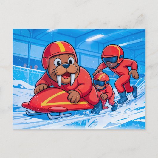 Walrus Starting a Bobsleigh Run on a Snowy Track Postkarte (Vorderseite)