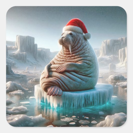 Walrus Tragend eine Weihnachtsmannmütze Quadratischer Aufkleber (Vorderseite)