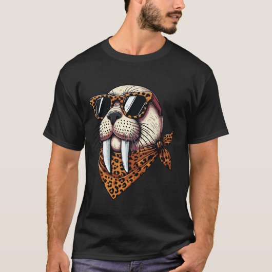 Walrus Wearing Leopard Scarf Animal Wearing Sungla T-Shirt (Vorderseite)