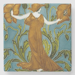 Walter Crane Art Nouveau Mädchen mit Mohnblumen Steinuntersetzer
