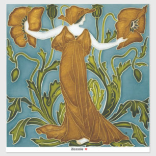 Walter Crane Art Nouveau Mädchen mit orange Mohn Aufkleber