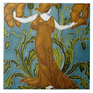 Walter Crane Art Nouveau Orange Mohn-Mädchen Fliese