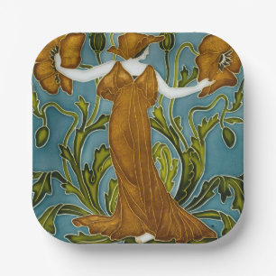 Walter Crane Art Nouveau Orange Mohn-Mädchen Pappteller