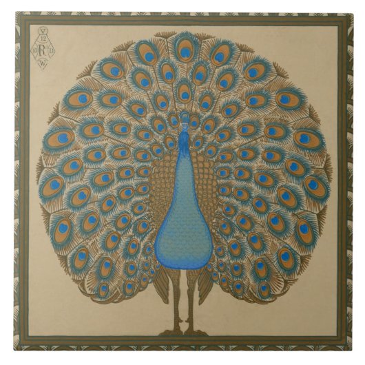 Walter Crane Blue Peacock mit seinem Schwanz Fliese (Vorderseite)